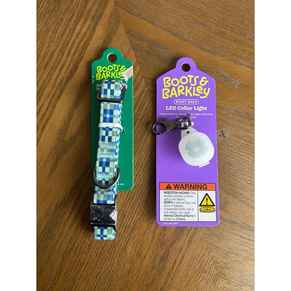 Boots & Barkley Dog Collar Medium Green Blue Checkered & LED Night Walk Light